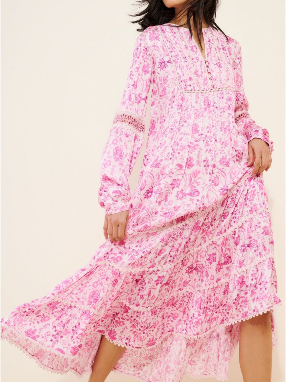 PAYAL‎ JAIN Floral Cotton Blend Long Sleeve Midi Dress in Pink Boho size Medium